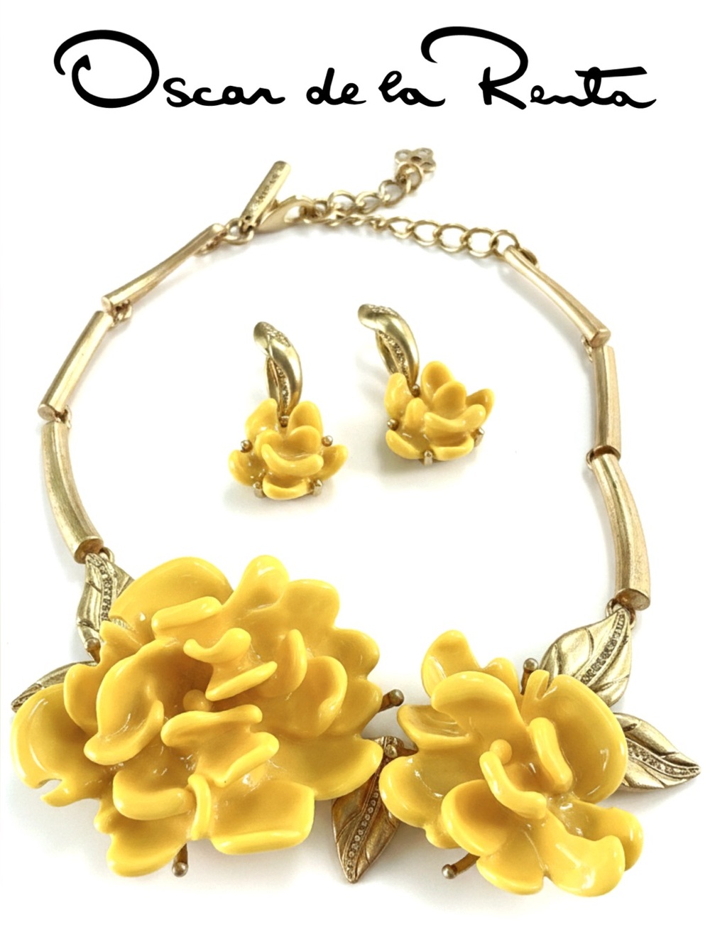 Oscar de la Renta Flower Necklace RESIN Statement w/ Earrings Set -Yellow/Gold